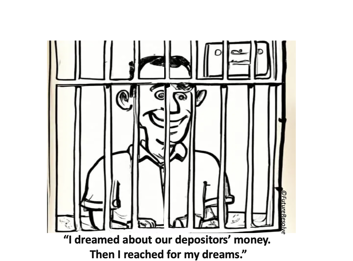 Cartoon of a cryptocurrency con artist in jail