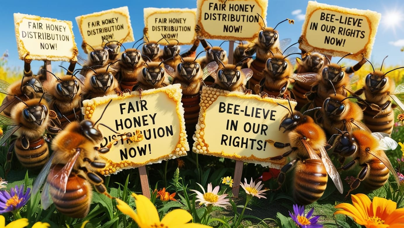 Disobedient bees engaging in a labor strike, surrounded by blooming wildflowers